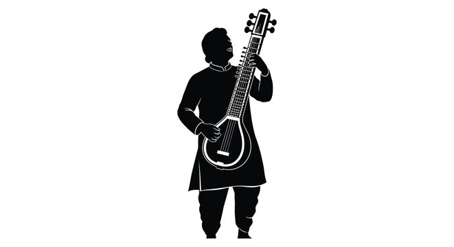 Musician playing sitar instrument black silhouette high quality