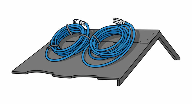 Two spools of blue cable rest on a grey, angled stand