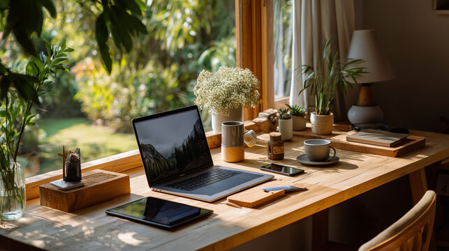  Remote work setup with multiple devices for productivity.
