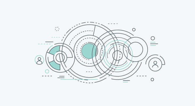 Abstract data visualization with concentric circles and human icons on white