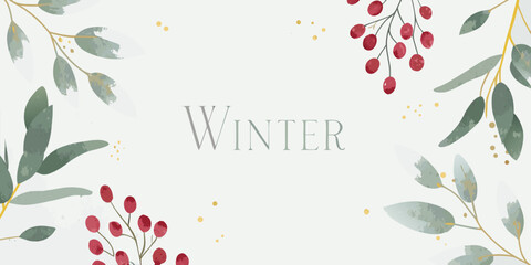 watercolor winter floral arrangement with berries and leaves on a pale background © Mritun