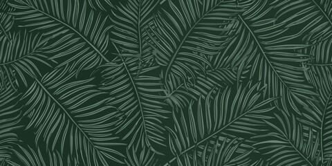 seamless pattern of stylized fern leaves in monochromatic dark green © Mritun