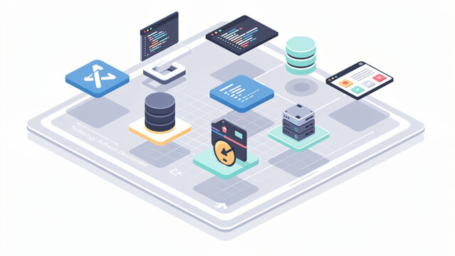 Isometric digital technology concept with servers cloud code and data storage on tablet