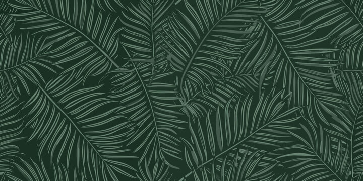 seamless pattern of stylized fern leaves in monochromatic dark green