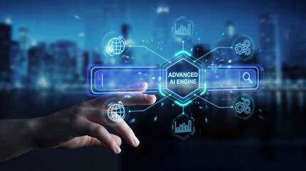 Fototapeta premium Advanced AI Search Engine Concept: Businessman Hand Interacting with Holographic Interface and Global Data Optimization Network