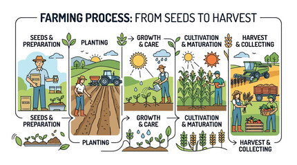 Infographic illustration showing the complete agricultural farming process from seeds to harvest. © Robidubillah