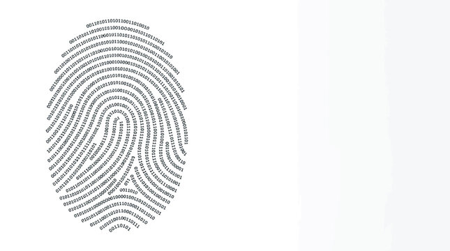 A detailed fingerprint illustration composed of tiny binary code digits.