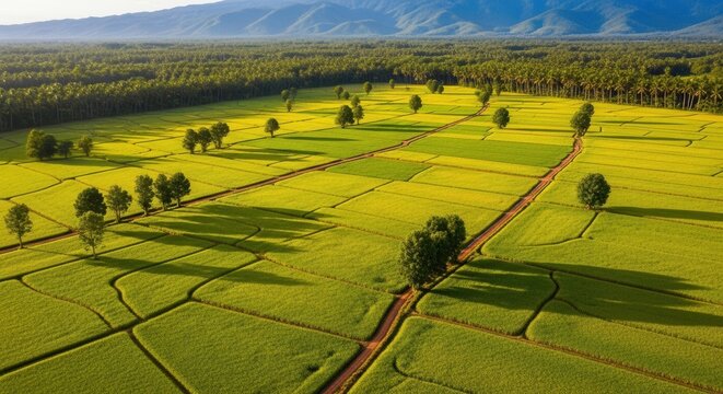 Vast agricultural fields under golden sunlight, showing patchwork patterns of green and yellow crops with distant mountains and forest canopy.