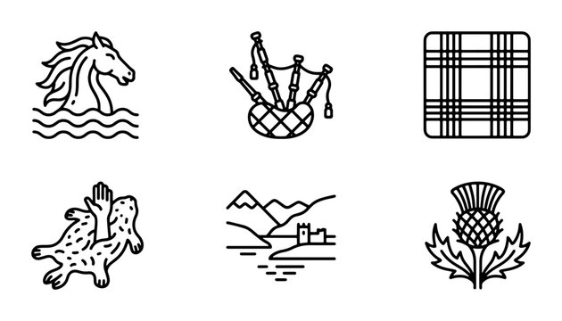 Scottish Icons Set: Horse, Bagpipes, Tartan, Haggis, Castle, Thistle Vector Graphics