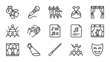 Performance Icons Set: Stage, Music, Dance, Theatre, Spotlight, Microphone, Mask, Audience © Halim