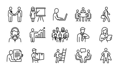 Fototapeta premium Business Icons Set: Meeting, Presentation, Teamwork, Success, Strategy, Professionalism, Vector Graphics