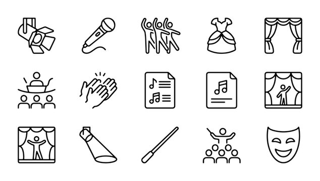 Performance Icons Set: Stage, Music, Dance, Theatre, Spotlight, Microphone, Mask, Audience