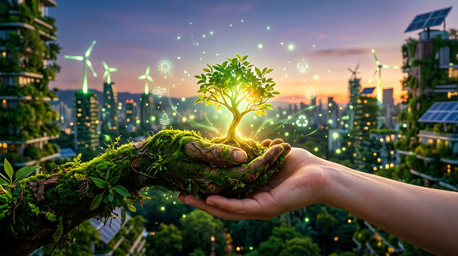 Hands cradling a glowing tree seedling in a futuristic eco-city with seedling