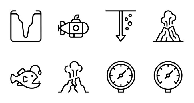 Oceanography Icons: Submarine, Volcano, Deep Sea Fish, Pressure Gauge, Trench