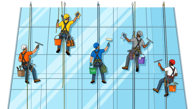 Five professional window cleaners working on a high rise building facade.
