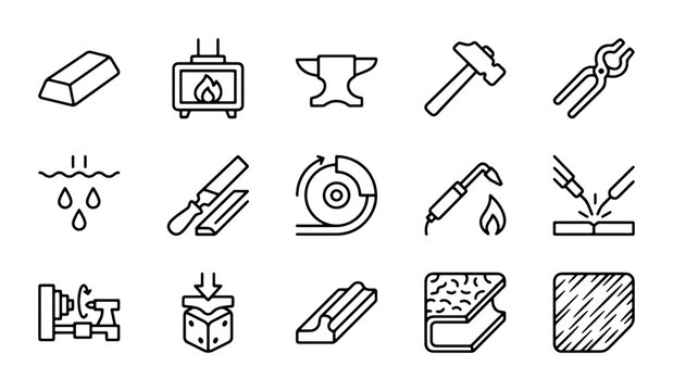 Blacksmithing Icons Set, Metalworking Tools, Forge, Anvil, Hammer, Welding, Industry Graphics