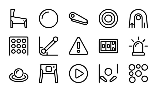Pinball Machine Icons, Retro Arcade Game Elements, Vintage Entertainment Vector Set