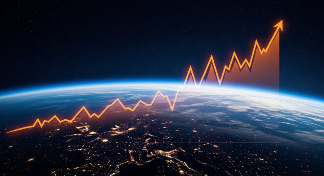 Global economic growth chart showing upward trend on earth from space