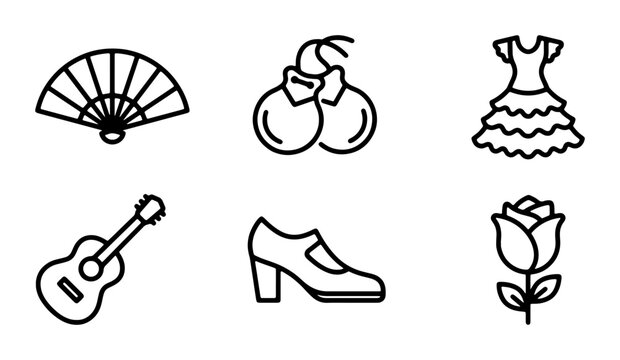 Flamenco Icons Set: Guitar, Dress, Fan, Castanets, Shoe, Rose, Vector Graphics