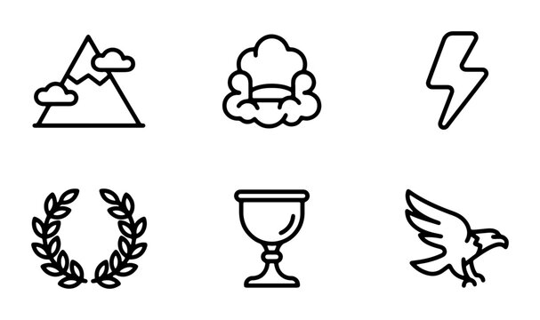 Mythological Icons Set: Olympus, Lightning, Laurel Wreath, Chalice, Eagle, Clouds