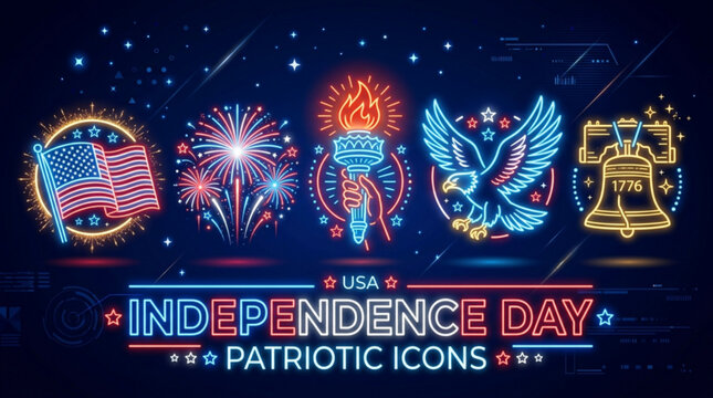 Usa independence day neon icons set with patriotic symbols and fireworks on dark background