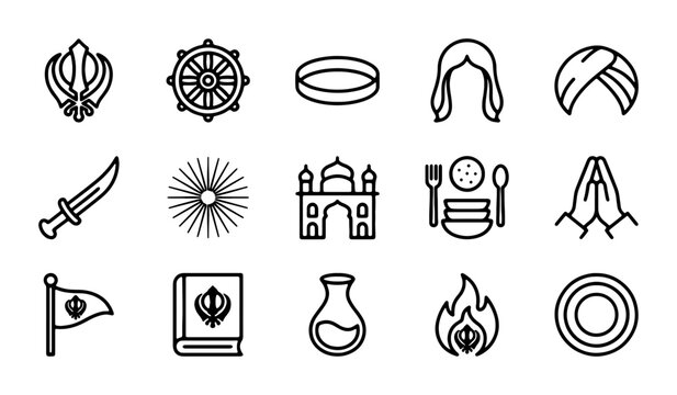 Sikhism Religious Symbols Vector Icons, Guru Granth Sahib, Khanda, Kirpan, Turban, Prayer