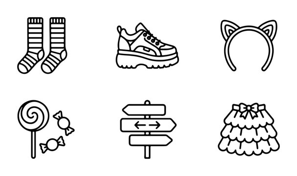 Fashion Accessories Icons: Socks, Sneakers, Cat Ears, Candy, Signpost, Skirt Vector Set