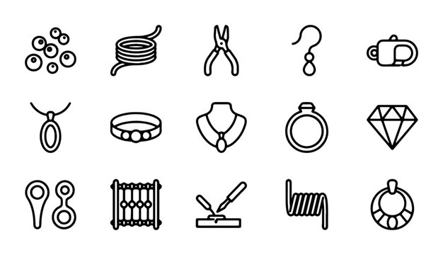 Jewelry Making Icons Set, Crafting Tools and Supplies, DIY Accessories Vector Graphics