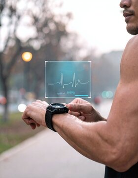 Athletic man monitors heart rate using a futuristic smartwatch hologram. This digital health concept blends fitness and technology, ideal for wellness apps and wearable tech marketing.