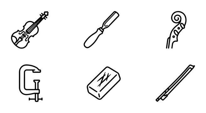 Violin Making Tools Set, String Instrument Crafting Icons, Woodworking Equipment Vector Graphics