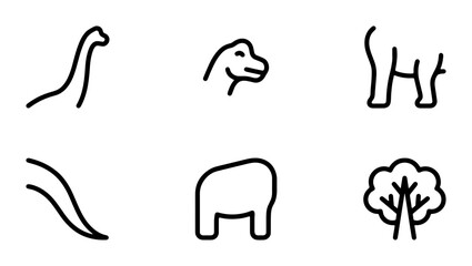 Dinosaur Icons, Prehistoric Animals Vector Set, Cute Cartoon Brontosaurus, Stegosaurus, Triceratops, Tree © Mizan