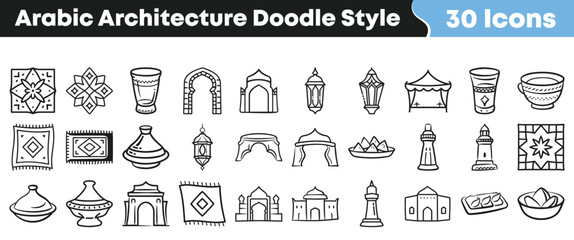Collection of hand drawn arabic architecture icons in doodle style © Vectoravec