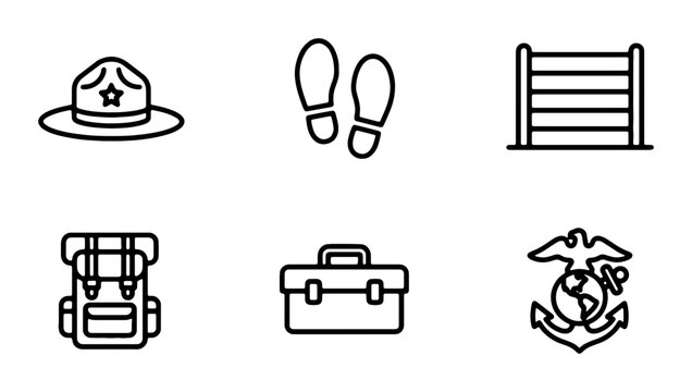 Military Training Icons, Marine Corps Emblem, Boots, Backpack, Hat, Obstacle Course, Vector Set