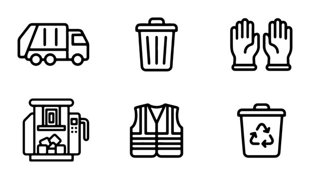 Garbage Truck, Bin, Gloves, Vest, Recycling Icons: Waste Management & Sanitation Vector Set