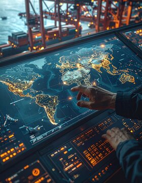 Futuristic logistics control room at a busy shipping port. Hands interacting with a digital world map, symbolizing global trade, supply chains, and advanced transport monitoring technology.