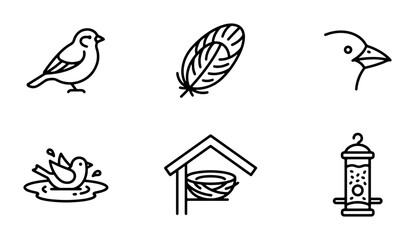 Minimalist Bird Icons Set, Feather, Nest, Bathing, Feeder Vector Graphics © Mizan