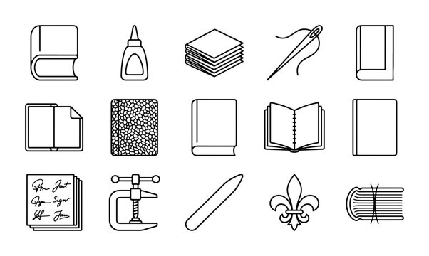 Bookbinding Icons Set, Craft Supplies, Paper Tools, Sewing Needle, Glue Bottle, Clamp