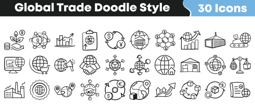Set of hand drawn global trade icons in doodle style