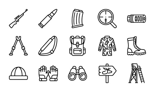Hunting Icons Set: Rifle, Bullet, Binoculars, Camouflage Gear, Outdoor Equipment Vector Graphics