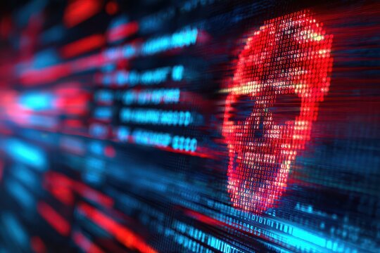 Hacker skull made of binary code cyber attack on computer network digital data.