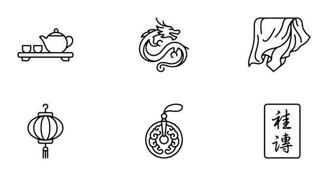 Chinese Cultural Icons: Dragon, Tea Set, Lantern, Coin, Fabric, Mahjong Tile Vector Art