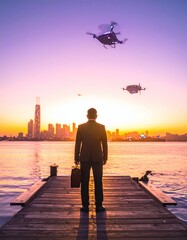 Obraz premium Businessman on a pier watches drones over a sunset city. This conceptual photo illustrates future technology, urban innovation, and digital logistics in a modern metropolitan landscape.