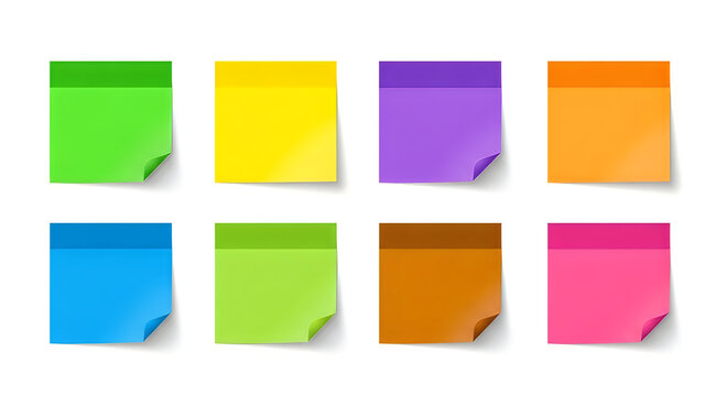 Eight colorful sticky notes isolated on white background office supplies