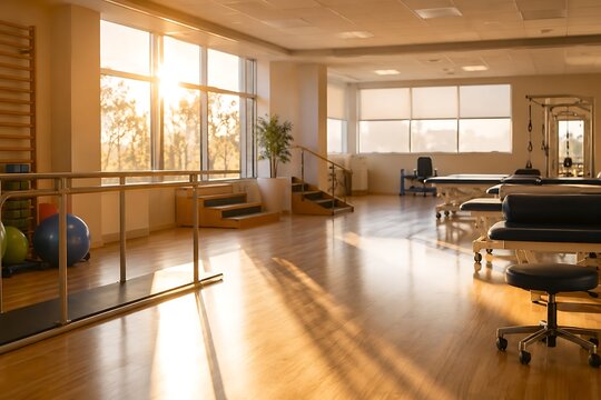 Sunlight streams into a well-equipped physical therapy room with parallel bars, exercise balls, and treatment tables.