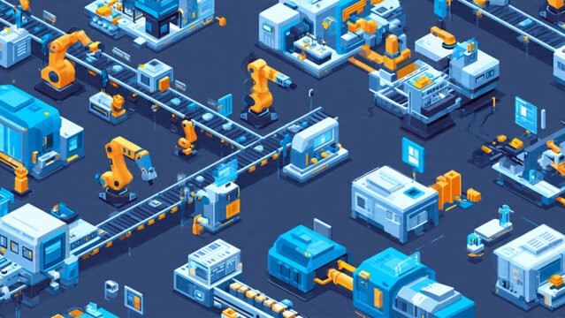 Futuristic factory automation with robotic arms and conveyor belts in blue and orange