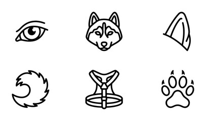 Husky Dog Icons: Eye, Head, Ear, Tail, Harness, Paw Print Vector Set © Maruf