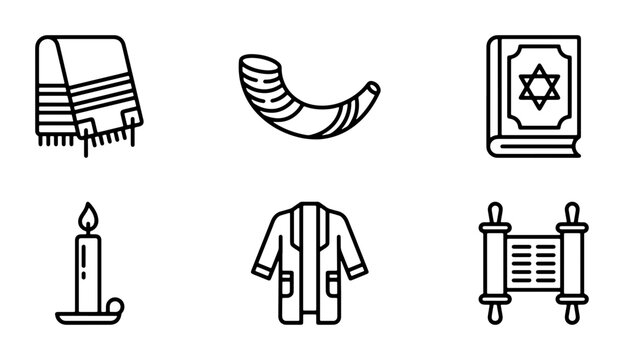 Jewish Religious Symbols Vector Icons Set: Torah, Shofar, Tallit, Candle, Book, Scroll