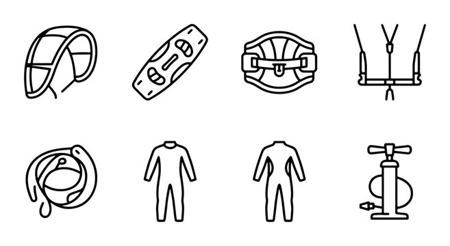 Kitesurfing Gear Icons Set, Water Sports Equipment Vector Collection, Kiteboarding Accessories Line Art