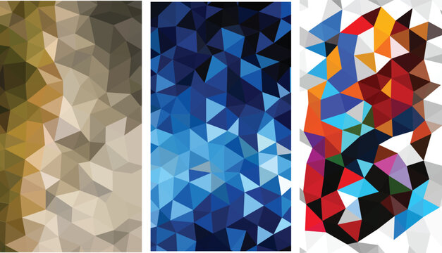 Vibrant geometric mosaic art with colorful triangular patterns and shapes in shades of blue, green, and multicolor