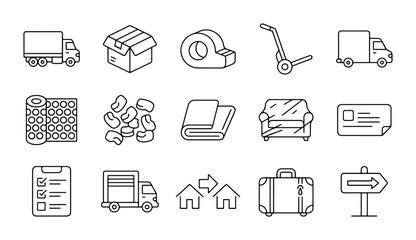 Moving Icons Set: Logistics, Relocation, Home Transfer, Delivery Trucks, Boxes, Furniture © Hanif
